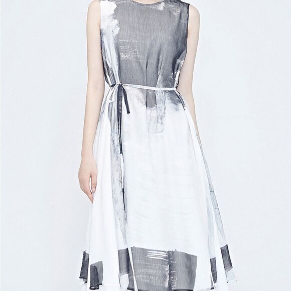 S. Deer Elegant Ink Splatter Sleeveless Dress White M NWT - Picture 3 of 6